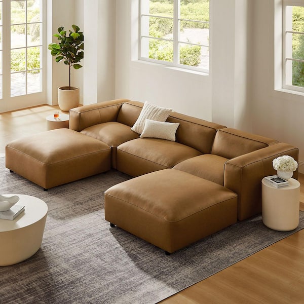 Auren 128.7 in. Square Arm 5-Piece Upholstered Vegan Leather U-Shaped Sectional Sofa in Camel Brown