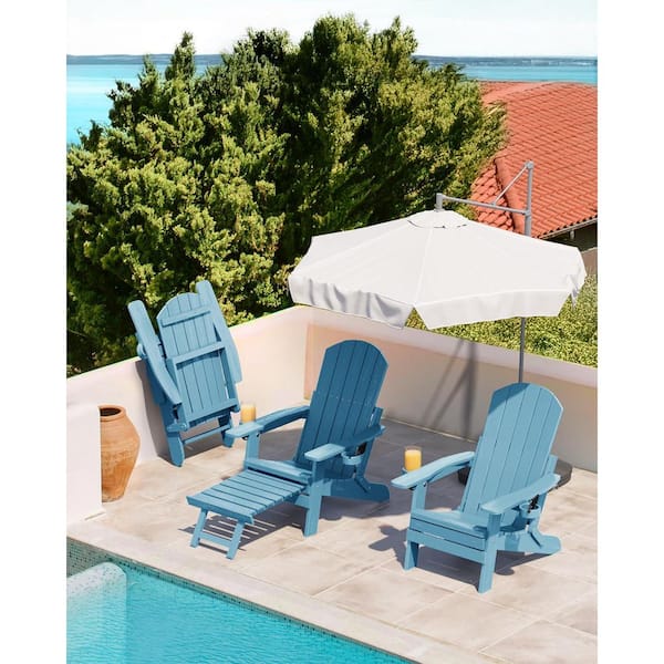 Blue Outdoor Folding Adirondack Chair with Integrated Pullout Ottoman and Cup Holder (2-Pack)