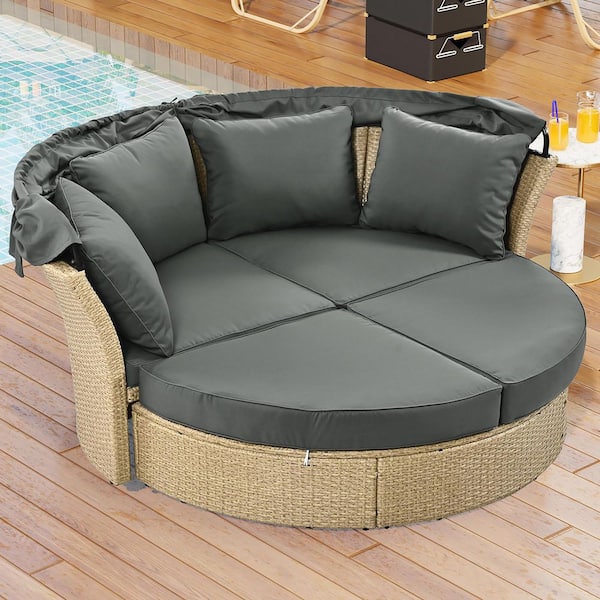 Coporesell Grey Wicker Outdoor Day Bed with Grey Cushions