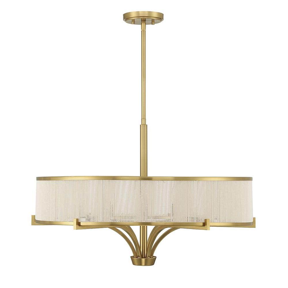 Warm Brass 6-Light Chandelier with White String Drum Shade