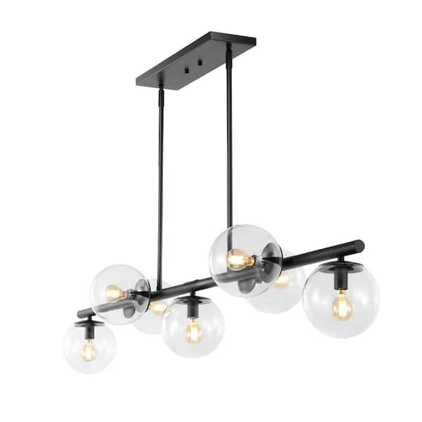 Luca Parisian 53 in. 7-Light Black/Clear Modern Glam Iron Globe Linear LED Pendant Light, Black
