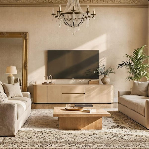 テレビ台 Homsee Natural Wood TV Stand Fits TV's up to 85 in. with 2 Drawers