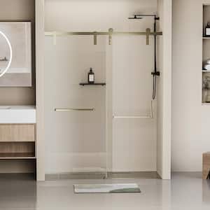 60 in. W x 76 in. H Frameless Soft-Close Single Sliding Shower Door in Gold with 5/16 in. Tempered Clear Glass