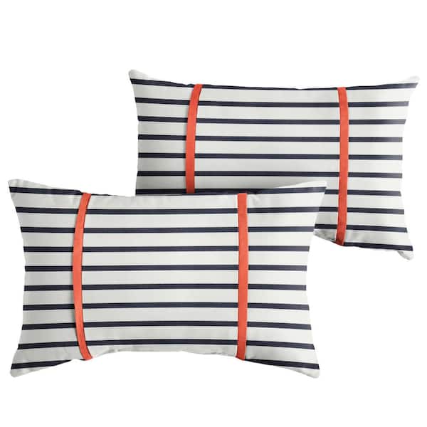 SORRA HOME Sunbrella Blue White Stripe with Melon Rectangular Outdoor Knife Edge Lumbar Pillows (2-Pack)