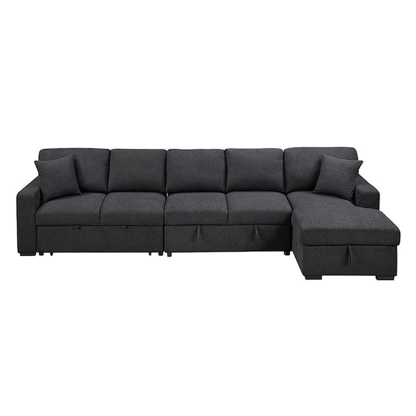 Pegosa 144.5 in. Straight Arm Boucle Fabric Sectional Sofa with Right Chaise, Pull-out Bed and Storages in Black