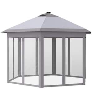 13 ft. x 11 ft. Pop Up Grey Gazebo Tent, Hexagonal Canopy with Solar LED Light, Mesh Netting, Height Adjustable