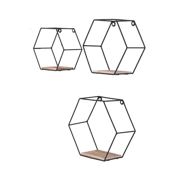 The Natural Wood (Set of 3) 5.1 in. W x 3.9 in. D Black Hexagonal Floating Decorative Wall Shelf