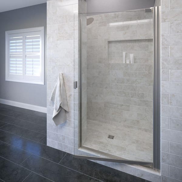 Basco Armon 28-1/8 in. x 66 in. Semi-Frameless Pivot Shower Door in Brushed Nickel with Clear Glass