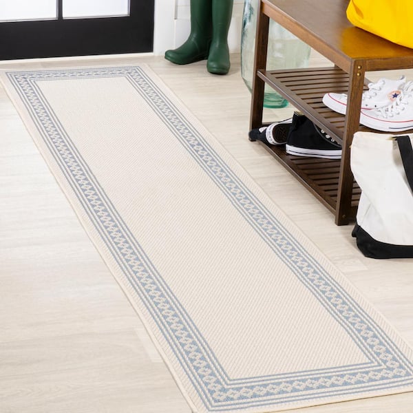 JONATHAN Y Lucia Classic Diamond Border Cream/Blue 2 ft. x 8 ft. Indoor/Outdoor Area Rug