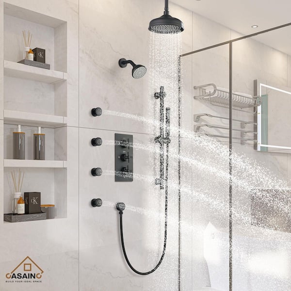 4-Spray 8 and 4 in. Ceiling Mounted Dual Fixed and Handheld Shower Head with Sliding Bar and 4-Body Jets in Matte Black