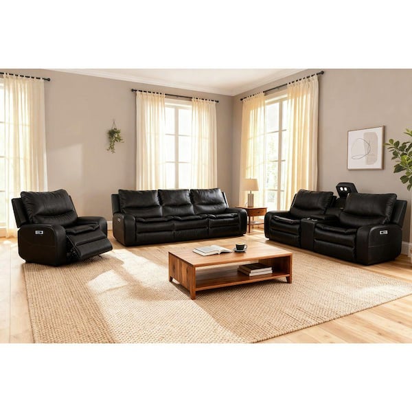3-Piece Double Width Power Recliner Faux Leather Sofa Living Room Set with Wireless Charger, Reading Light in Black