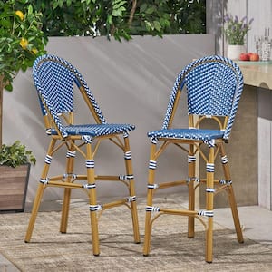 Kinner Dark Teal, White, Bamboo Faux Rattan and Metal Outdoor Patio Bar Stool (2-Pack)