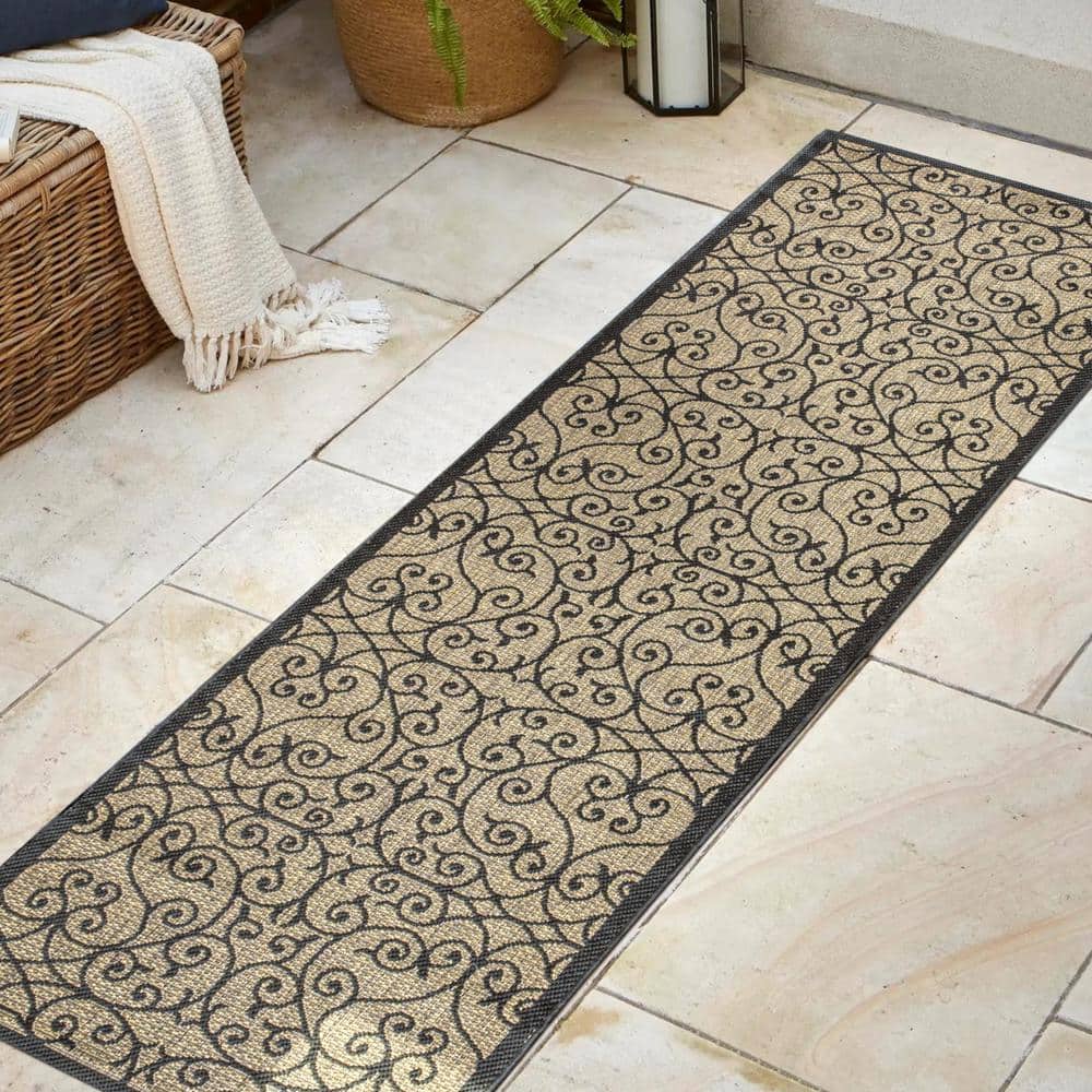 Madrid Black and Khaki Synthetic Flat Woven Runner Rug 2 x 8