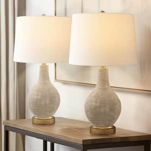 Richland 24.5 in. Beige/Gold Indoor Table Lamp Set with White Linen Shade（Set of 2)