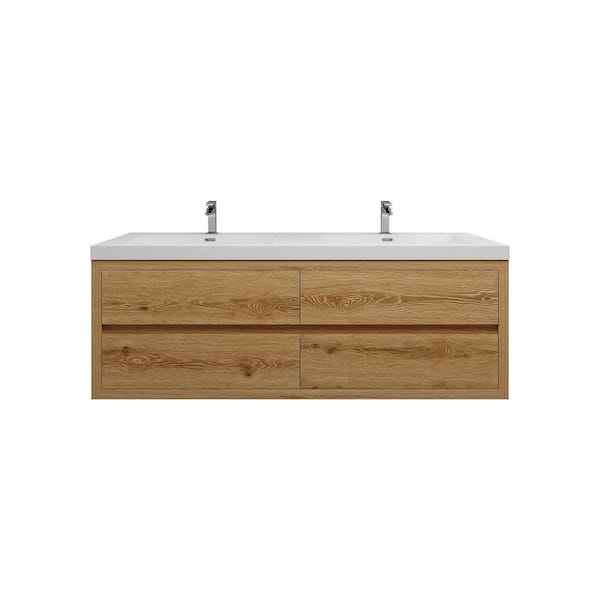 Louis 59 in. W x 20 in. D x 22 in. H Double Sink Floating Bath Vanity in Yellow Wood with White Acrylic Top