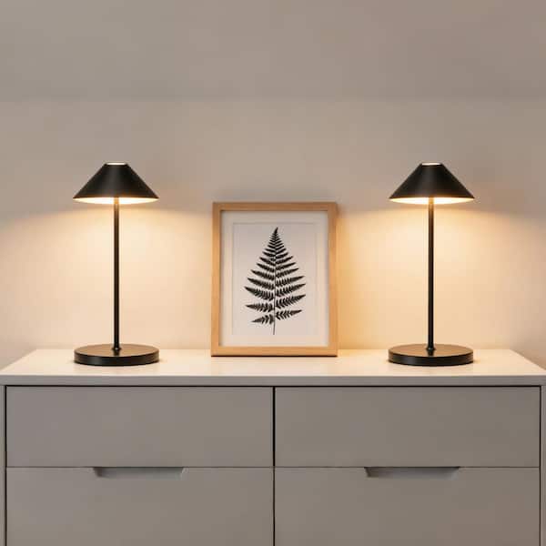 16 in. Modern Black Standard Table Lamps Cordless Integrated Led Dimmable Rechargeable for Indoor and Outdoor (2 Sets)