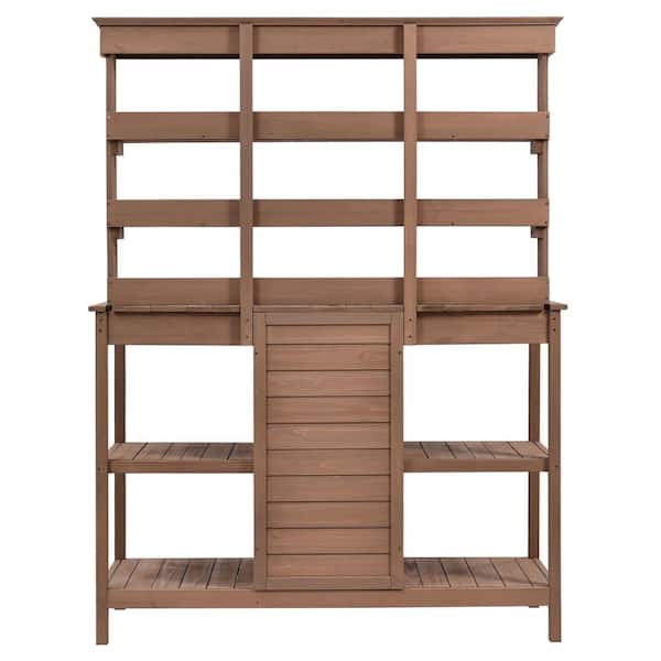 grossag 50.2 in. W x 66 in. H Brown Outdoor Farmhouse Fir Wood Garden Potting Bench Table with Drawers and Cabinet Open Racking