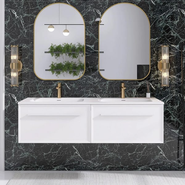 JimsMaison 60 in. W x 18 in. D x 17 in. H Double Sink Floating Bath Vanity in White with White Solid Surface Top