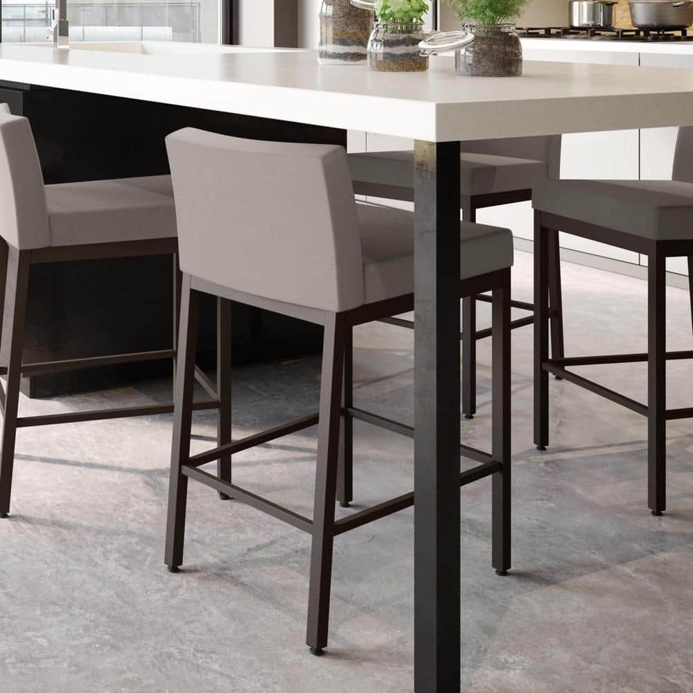 Taupe Gray Faux Leather Bar Stool with Dark Brown Metal Frame