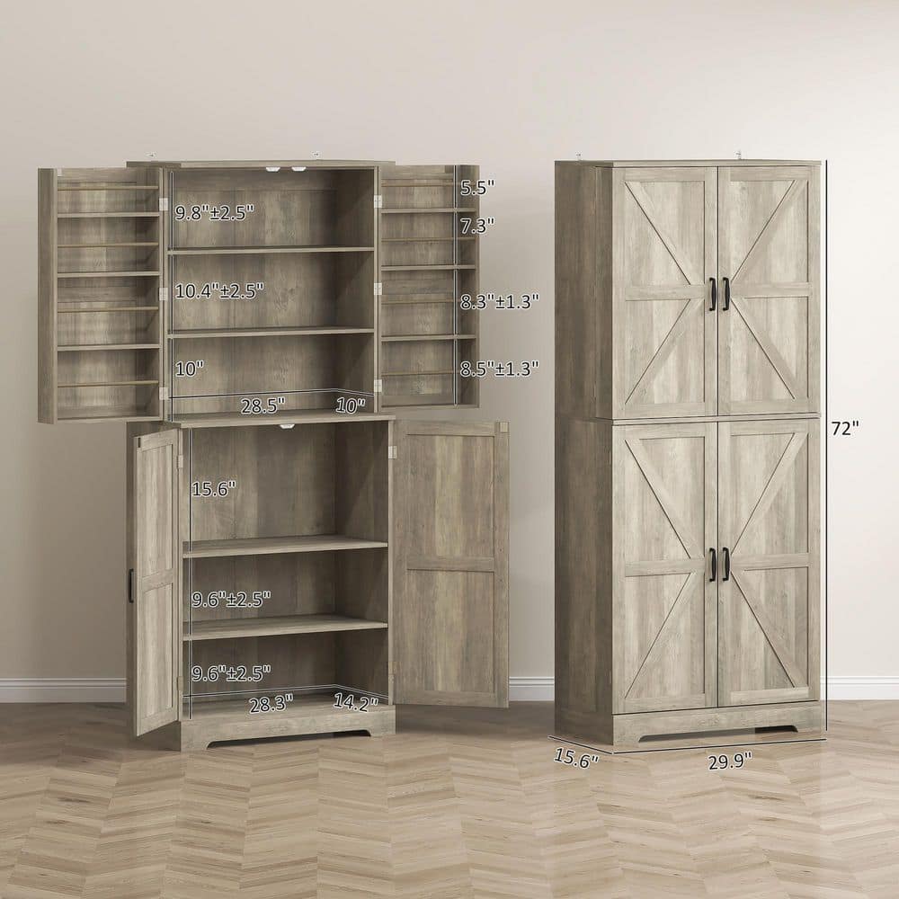 72 in. Farmhouse Kitchen Pantry Cabinet Tall Storage Cabinet with 4-Barn Doors 4-Adjustable Shelves 8-Door Shelves Gray