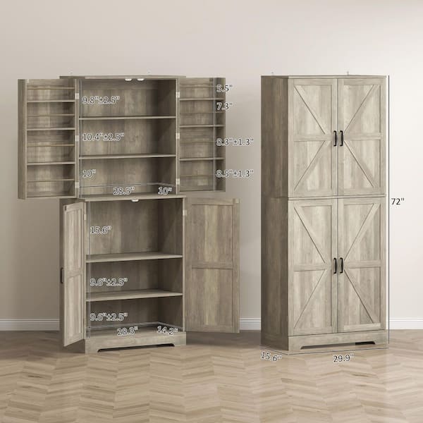 72 in. Farmhouse Kitchen Pantry Cabinet Tall Storage Cabinet with 4-Barn Doors 4-Adjustable Shelves 8-Door Shelves Gray