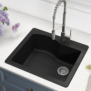 Quarza Black Granite Composite 25 in. Single Bowl Undermount/Drop-In Kitchen Sink and Strainer