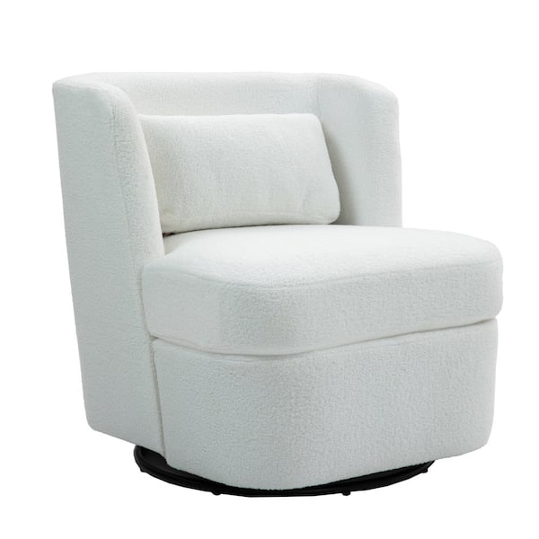 Uixe Modern White Teddy Fabric Upholstered 360-Degree Swivel Accent Barrel Chair with Metal Base and 1 Pillow(Set of 1)
