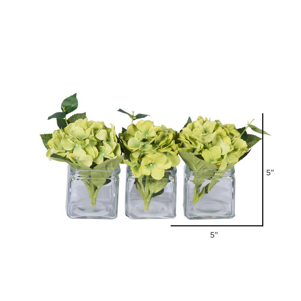 Set of Four Green Artificial Hydrangeas in Glass Cubes
