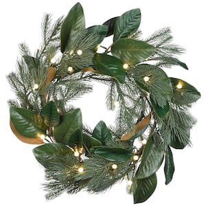 24 in. Magnolia Mix Pine Artificial Christmas Wreath with 35 Battery Operated LED Lights