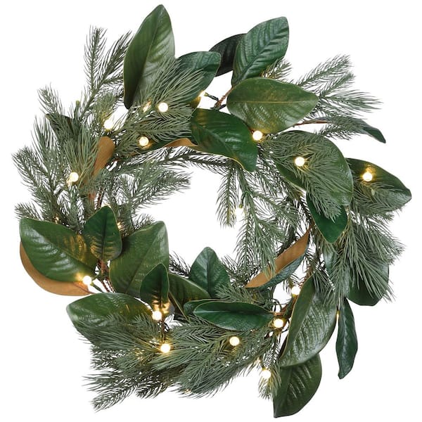 National Tree Company 24 in. Magnolia Mix Pine Artificial Christmas Wreath with 35 Battery Operated LED Lights
