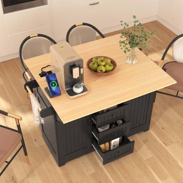 Black Wood 55.7 in. Kitchen Island with 2 Drop Leaf, Power Outlet