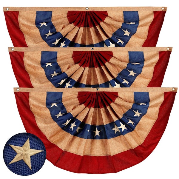 G128 1.5 ft. x 3 ft. Embroidered Burlap USA Tea Stained Pleated Fan Flag with Canvas Header Brass Grommets (3-Pack)