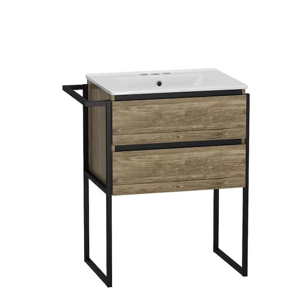 FUFU&GAGA 24 in. W x 18.3 in. D x 34.1 in. H in Brown Wood Grain Ready to Assemble Cabinet for Bath Metal Frame with Mirror, Sink