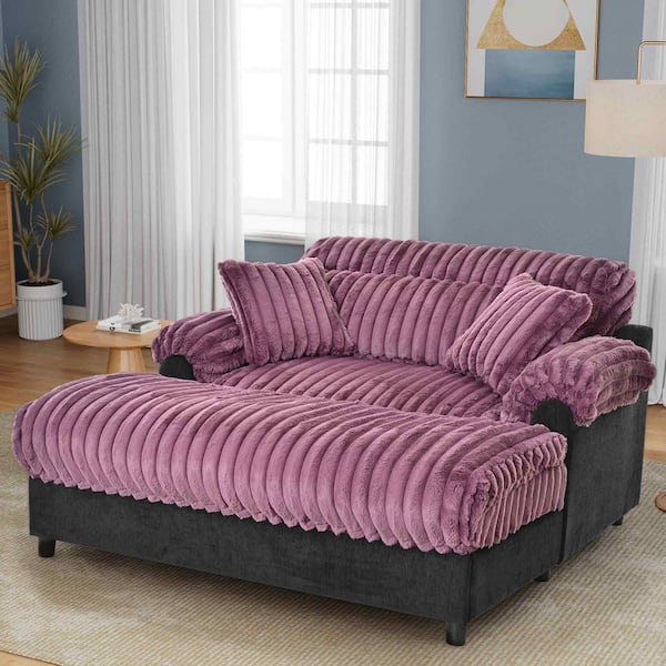 65.25 in. Pillow Top Arms Faux Rabbit Fur Fabric Rectangle Chaise Lounge Sofa in Wine Red with Two Throw Pillows