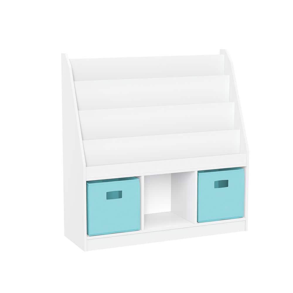 35 in. Wide White Kids Playroom Bookrack with 3-Toy Organizer Cubbies and 4 Bookshelves and 2-Aqua Fabric Bins