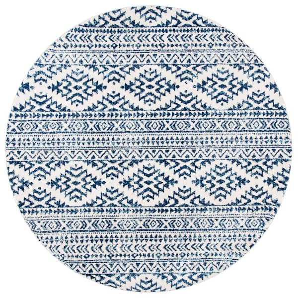 Tulum 10 ft. x 10 ft. Round Ivory/Navy Striped Tribal Geometric Area Rug