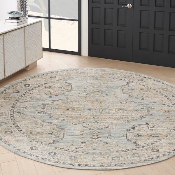 Nyle Light Blue 8 ft. x 8 ft. Distressed Transitional Round Area Rug