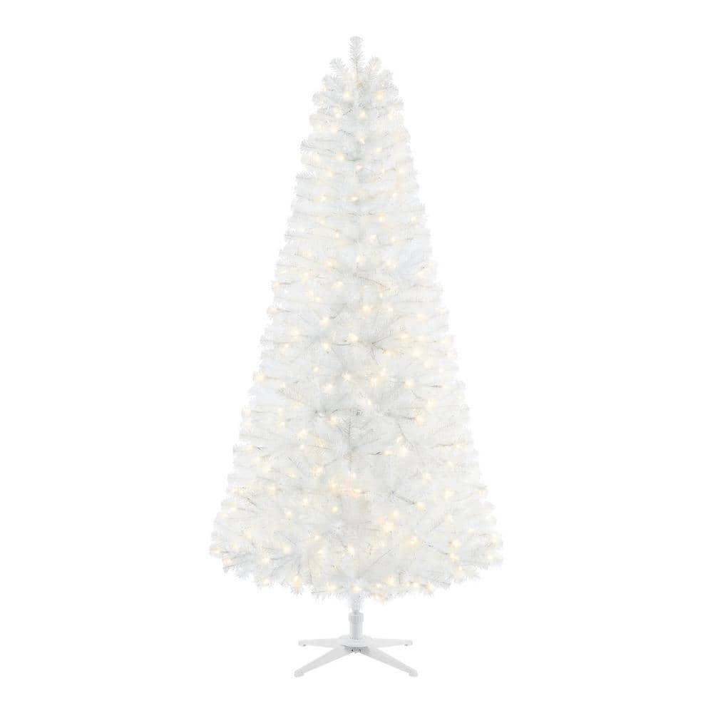 home accents holiday 7 ft snowy tinsel spruce led pre lit artificial christmas tree with 300 warm white mini lights 21pg90173 the home depot