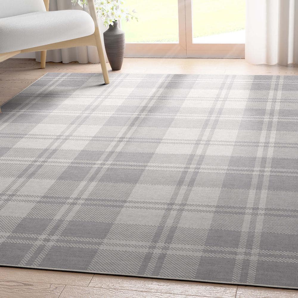 Light Grey Plaid Washable Synthetic Rectangular Area Rug 3'3" x 5'