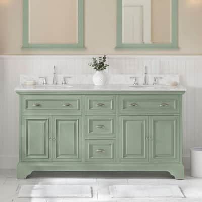 Sadie 67 in. Double Sink Light Cyan Bath Vanity with Lightly Veined White Marble Top (Assembled)