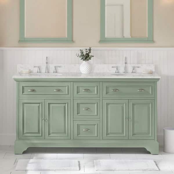 Sadie 67 in. Double Sink Light Cyan Bath Vanity with Lightly Veined White Marble Top (Assembled)