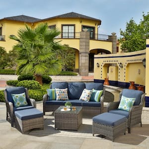 Joyoung Gray 6-Piece Wicker Outdoor Patio Conversation Seating Set with Denim Blue Cushions