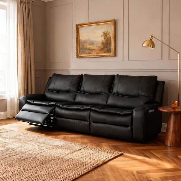 113 in. 3-Seats Rectangular Faux Leather Oversized Square Arm Power Reclining Sofa with Power Headrest in Black