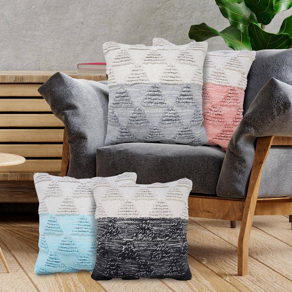 20" Blue and Off-White Geometric Cotton Throw Pillow