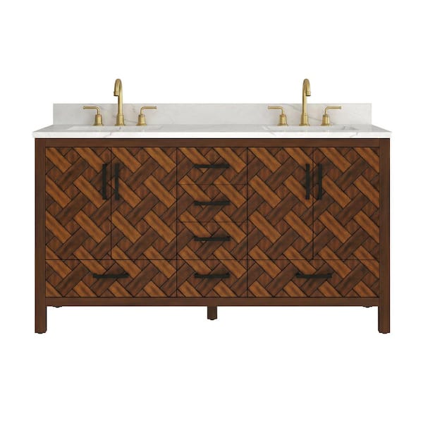 60 in. W x 22 in. D x 34 in. H Freestanding Caramel Woven Brown Bath Vanity with White Engineered Stone Top, Eco Wood