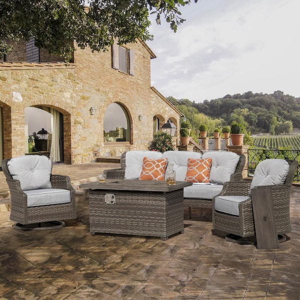 Brown 4-Piece Wicker Patio Rectangle Fire Pit Conversation Set with Gray Cushions and Swivel Rocking Chairs