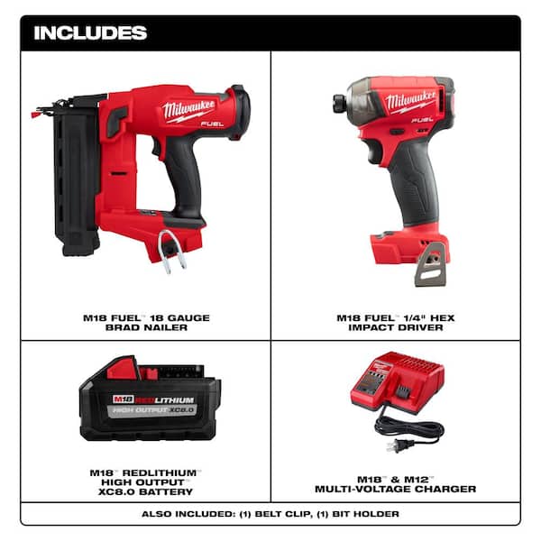Milwaukee M18 FUEL 18-Volt Lithium-Ion Brushless Cordless Gen II 18-Gauge Brad Nailer W/M18 SURGE 1/4 in. DRIVER & 8.0 Battery Kit