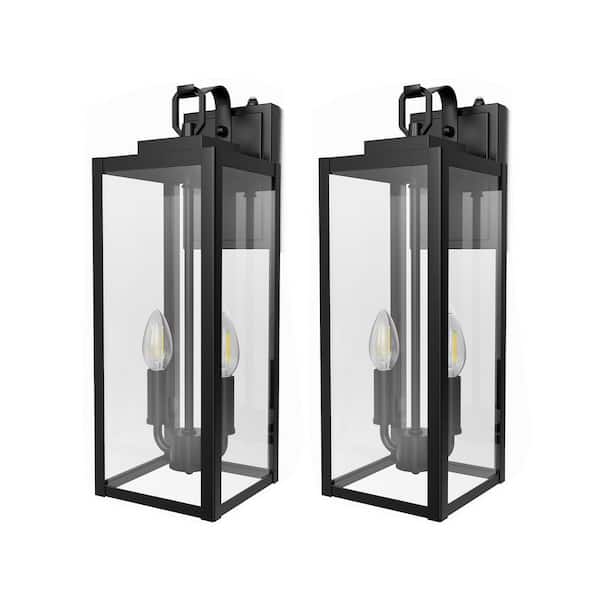 18 in. 2-Light Black and Gold Outdoor Wall Light 2-Pack, Exterior Lantern Sconce with Clear Glass for Porch