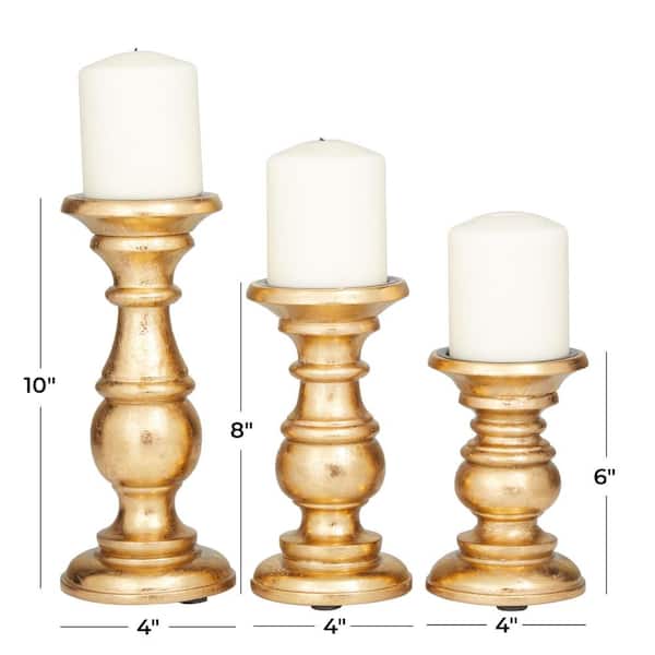 Gold Mango Wood Turned Style Pillar Candle Holder (Set of 3)