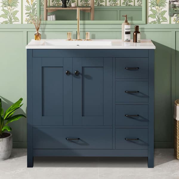 36 in. W Single Sink Freestanding Bath Vanity in Blue with White Ceramic Top and 5-Drawers Unassembled